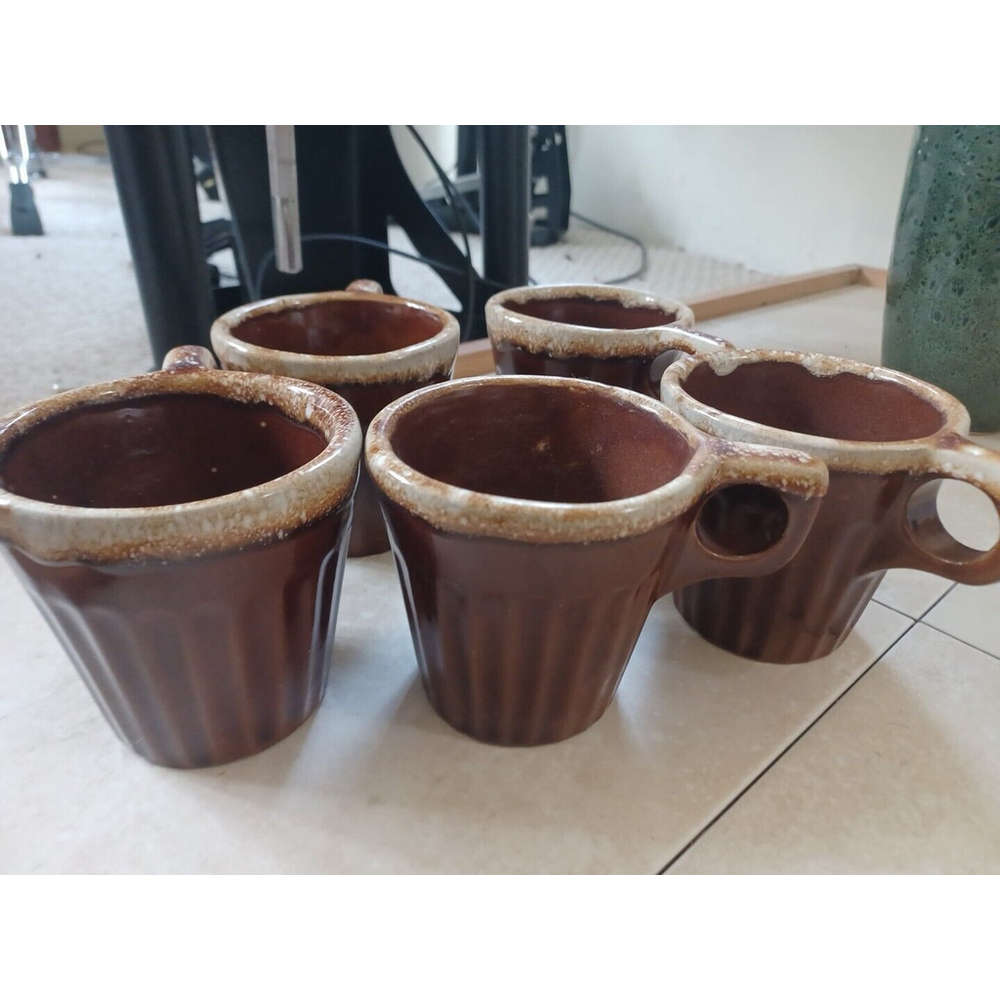 Monmouth Brown Drip Coffee Mugs Cup Stackable Maple Leaf Made in USA Pottery X 5